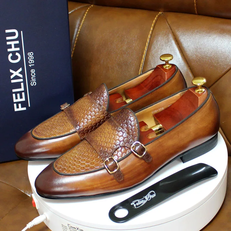 Monk Strap Shoe - Mocassins en cuir véritable pour hommes,